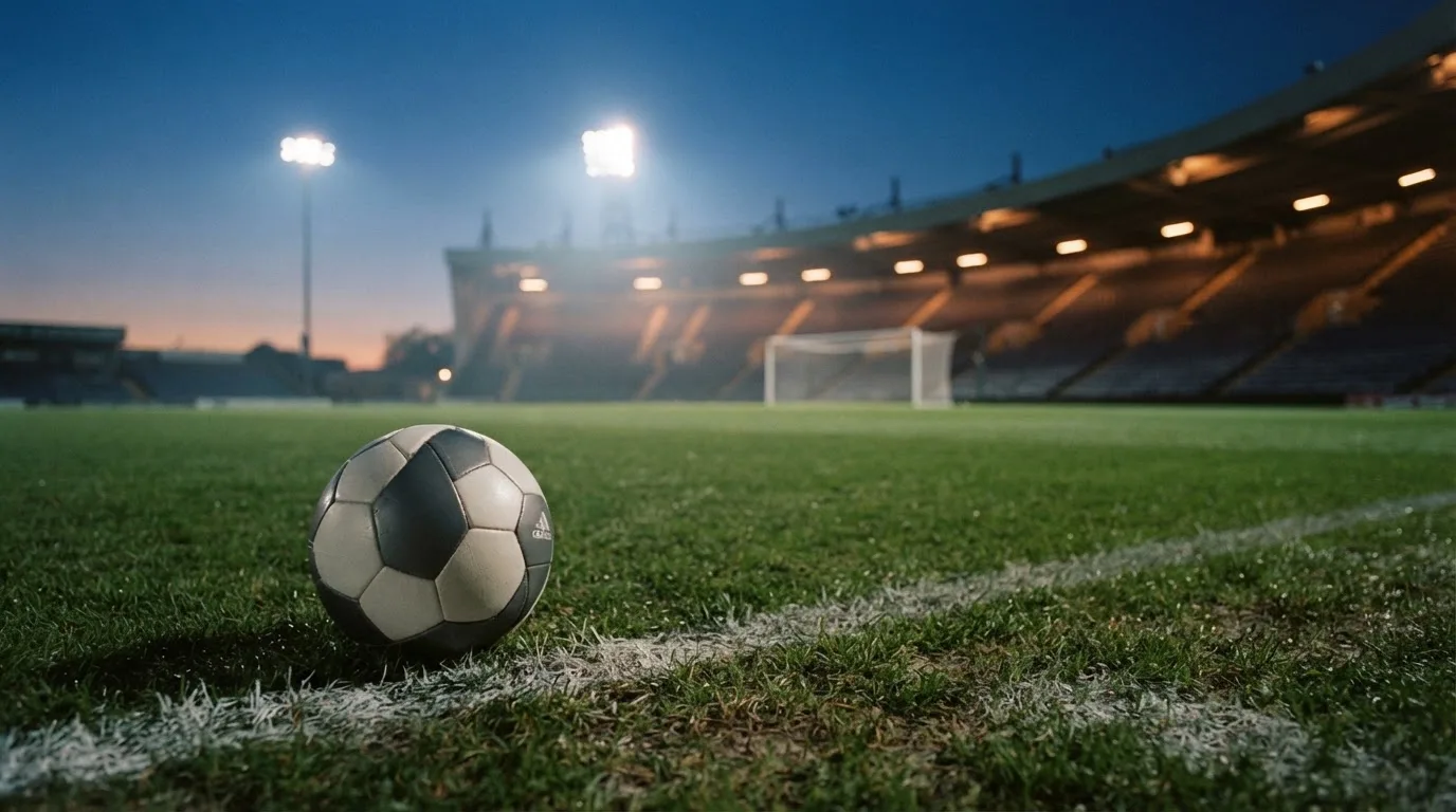 Ein Fußball liegt auf dem Rasen eines leeren Platzes, im Hintergrund ein Stadion unter Flutlicht in der Abenddämmerung.