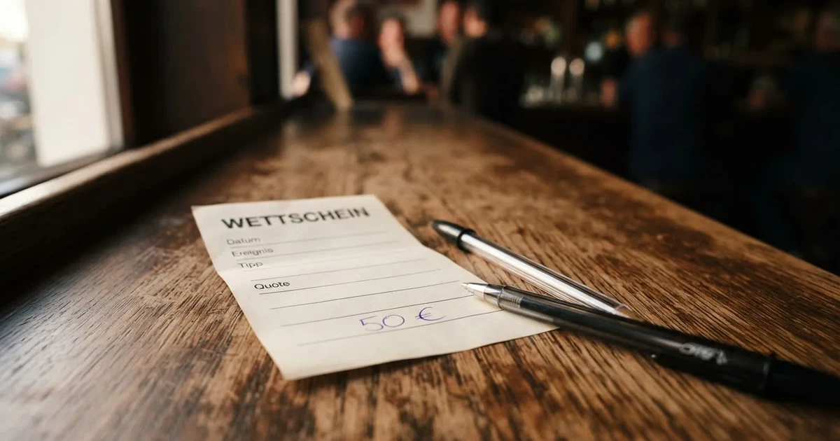 Ein leerer Wettschein aus Papier liegt neben einem Stift auf einer hölzernen Theke, weiches Licht fällt von der Seite ein.