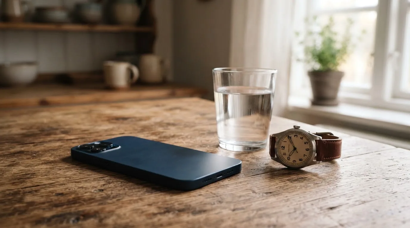 Ein Smartphone liegt mit dem Display nach unten auf einem Küchentisch, daneben stehen ein Glas Wasser und eine Armbanduhr.