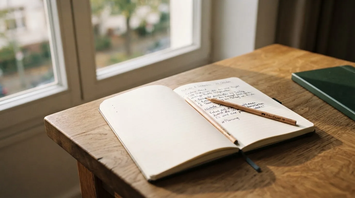 Ein Notizbuch mit handschriftlichen Notizen und ein Bleistift liegen auf einem Schreibtisch am Fenster, draußen fällt Morgenlicht herein.