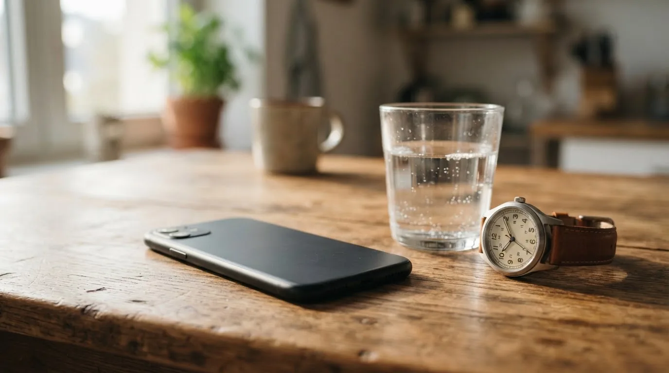 Ein Smartphone liegt mit dem Display nach unten auf einem Küchentisch, daneben stehen ein Glas Wasser und eine Armbanduhr.