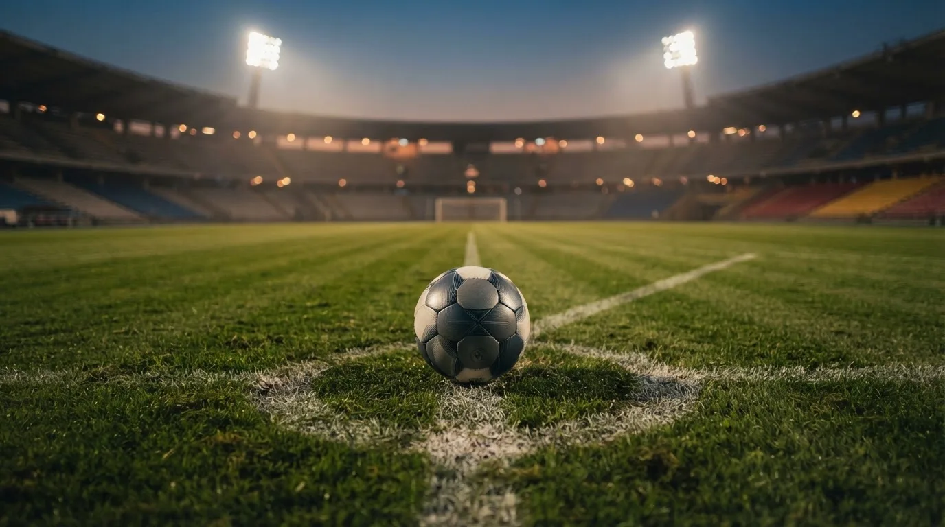 Ein Fußball liegt auf dem Anstoßpunkt eines leeren Rasenplatzes, im Hintergrund steht ein Stadion unter Flutlicht in der Dämmerung.