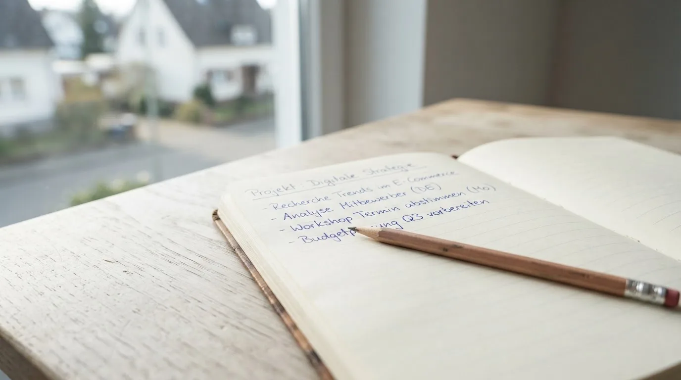 Ein Notizbuch mit handschriftlichen Notizen und ein Bleistift liegen auf einem Schreibtisch am Fenster, draußen fällt Morgenlicht herein.