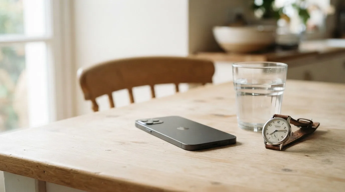 Ein Smartphone liegt mit dem Display nach unten auf einem Küchentisch, daneben stehen ein Glas Wasser und eine Armbanduhr.