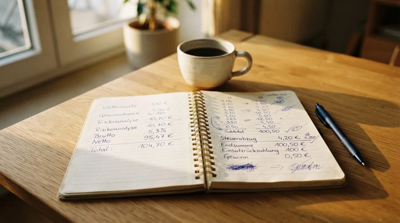 Ein Notizbuch mit handschriftlichen Rechnungen und ein Taschenrechner liegen auf einem Schreibtisch neben einer Tasse Kaffee im Licht des frühen Morgens.