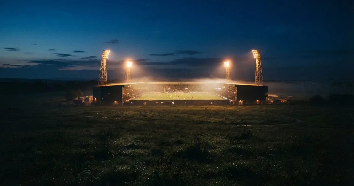 Ein Stadion unter Flutlicht, aus großer Entfernung über eine dunkle Wiese fotografiert, am Himmel zieht Nebel auf.