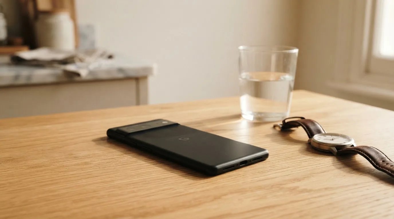 Ein Smartphone liegt mit dem Display nach unten auf einem Küchentisch, daneben stehen ein Glas Wasser und eine Armbanduhr.
