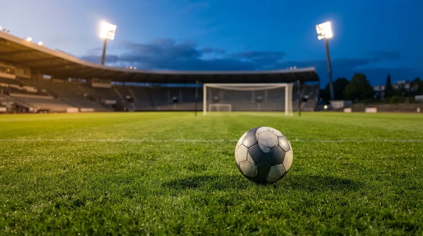 Ein Fußball liegt auf dem Rasen eines leeren Platzes, im Hintergrund ein Stadion unter Flutlicht in der Abenddämmerung.