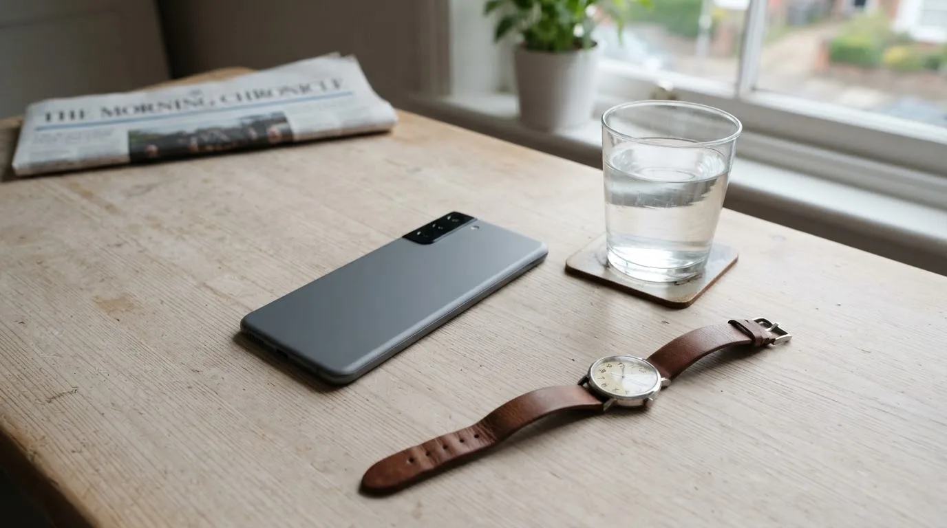 Ein Smartphone liegt mit dem Display nach unten auf einem Küchentisch, daneben stehen ein Glas Wasser und eine Armbanduhr.