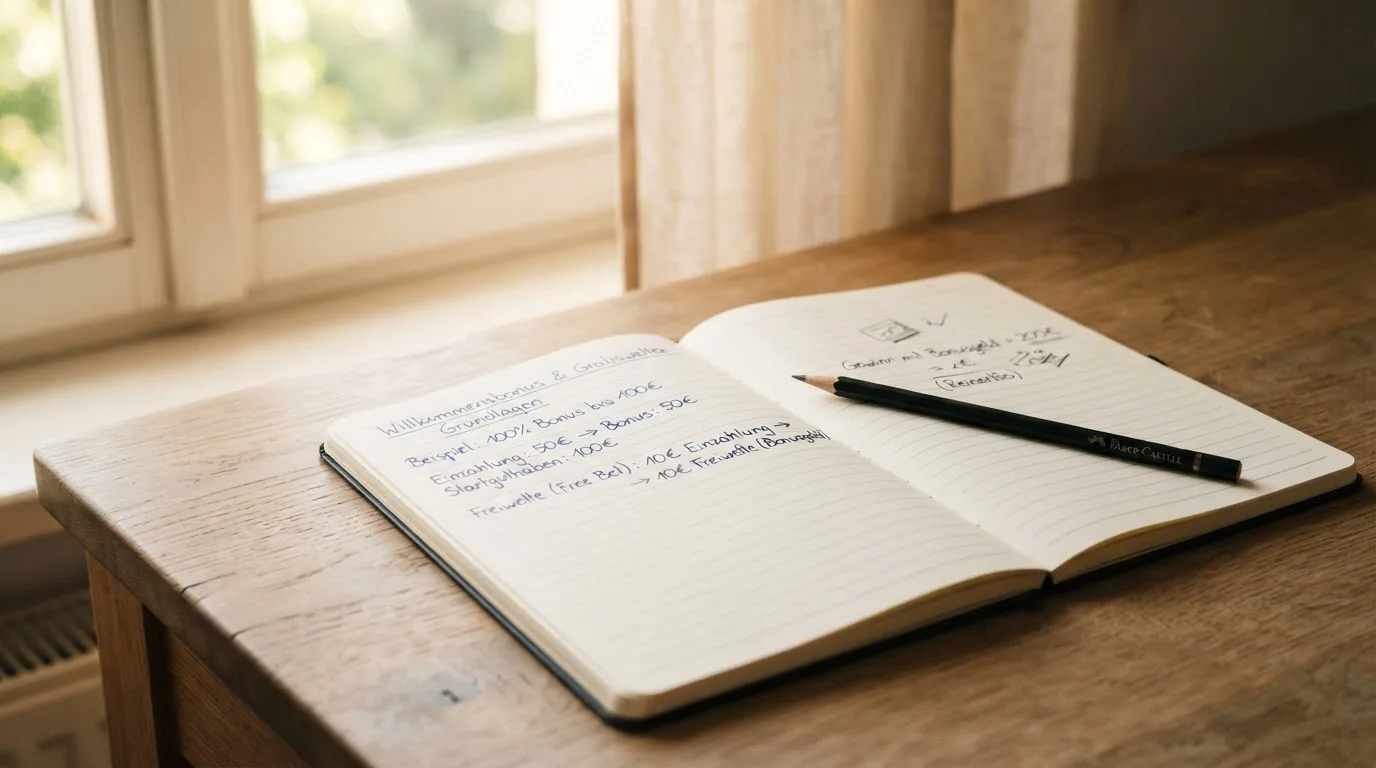 Ein Notizbuch mit handschriftlichen Notizen und ein Bleistift liegen auf einem Schreibtisch am Fenster, draußen fällt Morgenlicht herein.