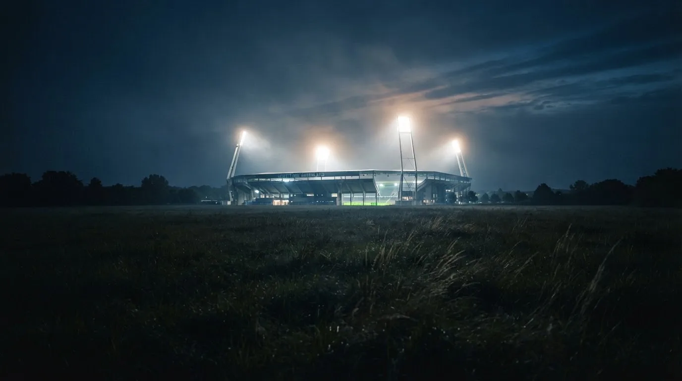 Ein Stadion unter Flutlicht, aus großer Entfernung über eine dunkle Wiese fotografiert, am Himmel zieht Nebel auf.