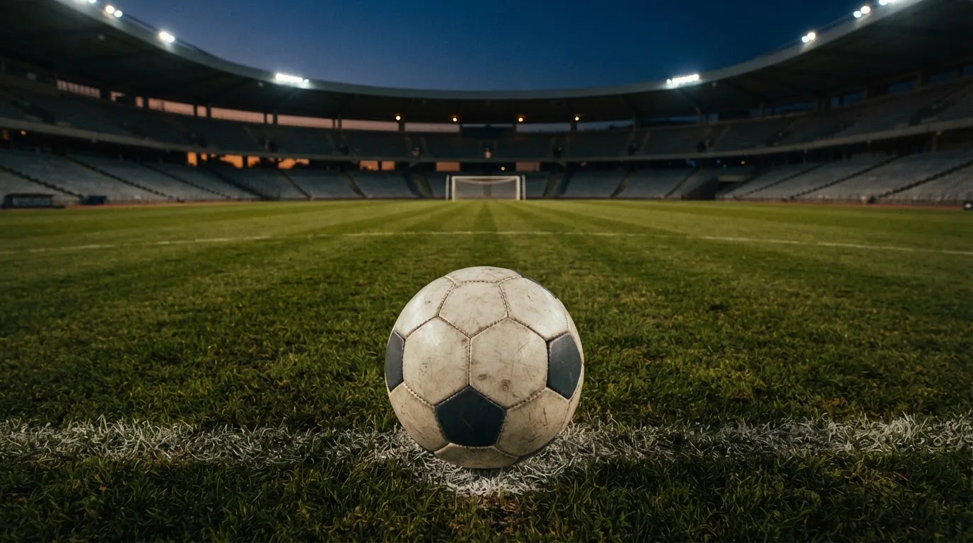 Ein Fußball liegt auf dem Anstoßpunkt eines leeren Rasenplatzes, im Hintergrund steht ein Stadion unter Flutlicht in der Dämmerung.