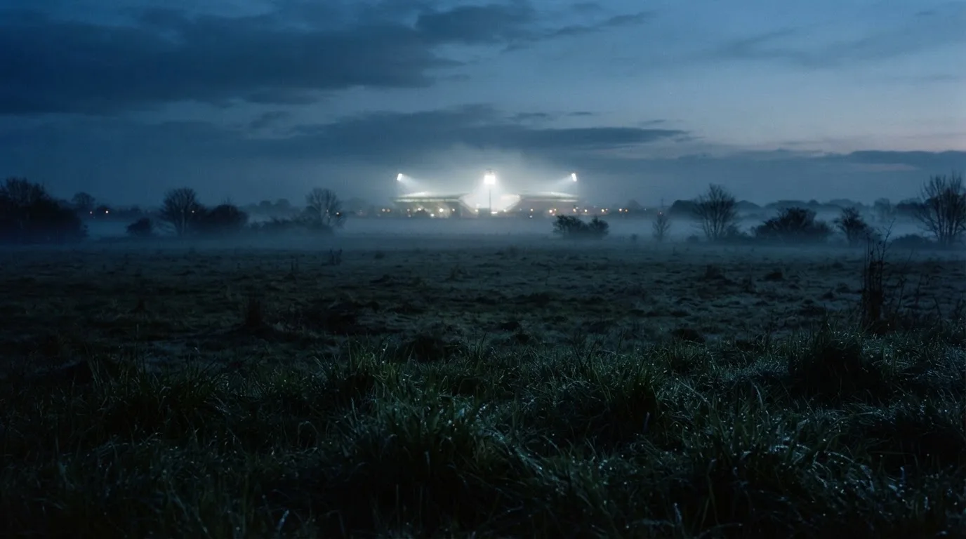 Ein Stadion unter Flutlicht, aus großer Entfernung über eine dunkle Wiese fotografiert, am Himmel zieht Nebel auf.