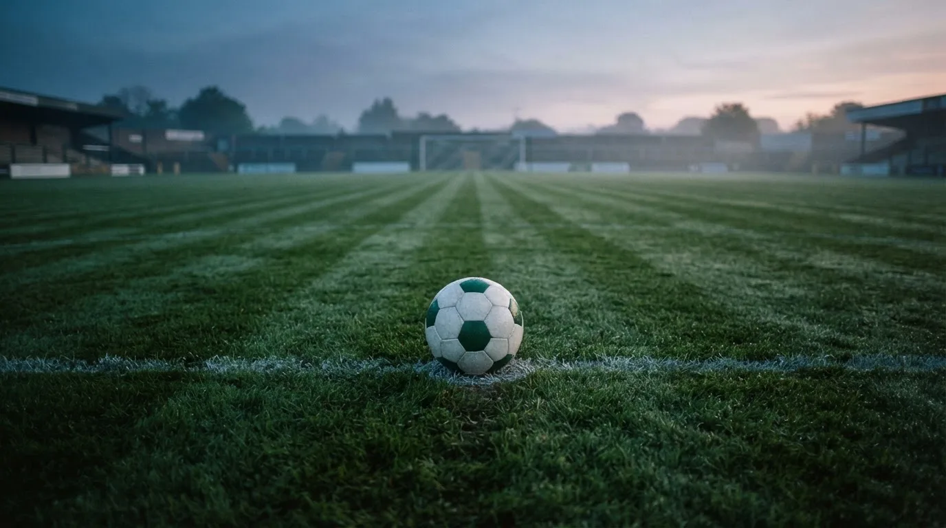 Ein Fußball ruht auf dem Mittelkreis eines leeren Rasenplatzes in der Morgendämmerung, Tau liegt auf dem Gras.
