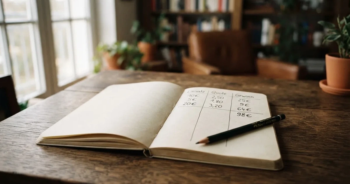 Ein Notizbuch mit handschriftlichen Spalten und Strichlisten liegt neben einem Taschenrechner und einem Bleistift auf einem Schreibtisch.
