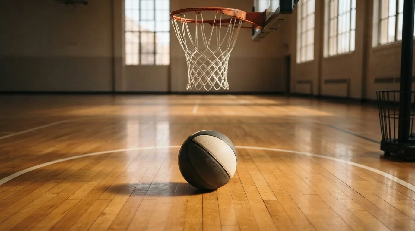 Ein Basketball liegt auf dem Hallenboden unter einem Korb, das Netz hängt ruhig, Morgenlicht fällt durch hohe Fenster.
