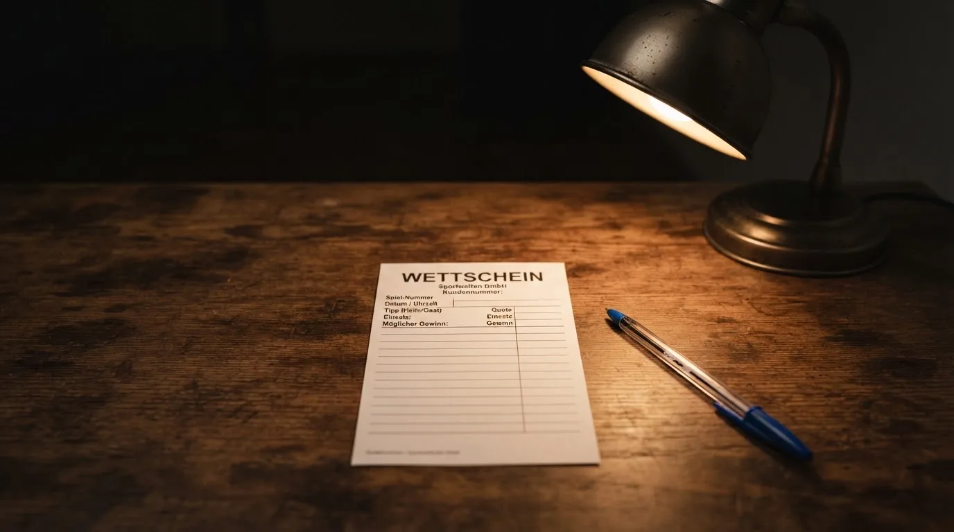 Ein leerer Wettschein aus Papier und ein Kugelschreiber liegen auf einer Tischplatte neben einer kleinen Tischlampe.