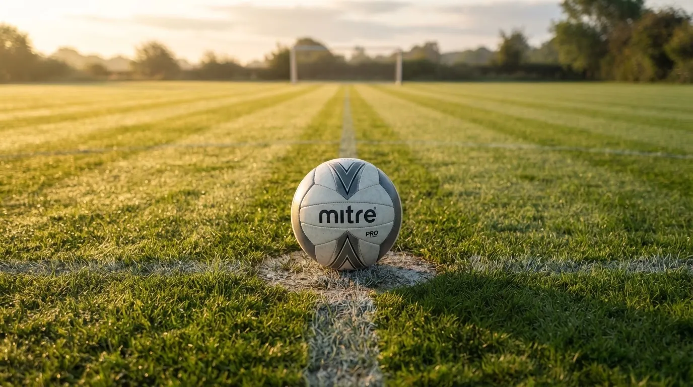 Ein Fußball liegt auf dem Anstoßkreis eines leeren Rasenplatzes im Licht der Morgensonne.