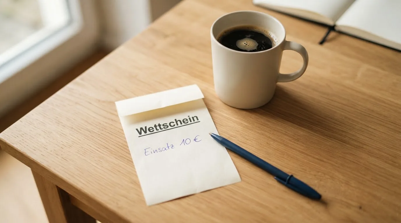 Ein leerer Wettschein aus Papier liegt neben einem Kugelschreiber und einer Tasse auf einem hellen Holztisch.
