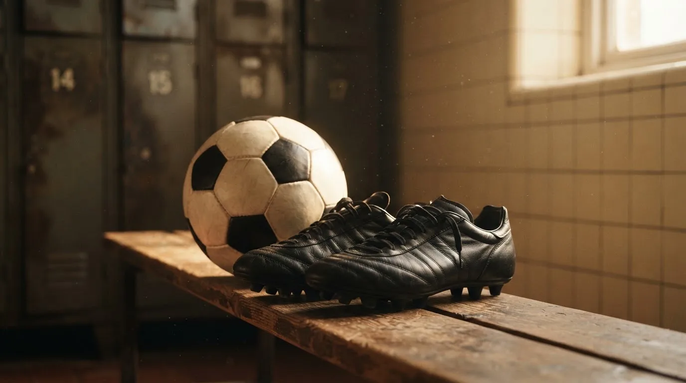 Ein Fußball liegt neben einem Paar Fußballschuhen ohne Markenzeichen auf einer Holzbank in einer leeren Umkleide.