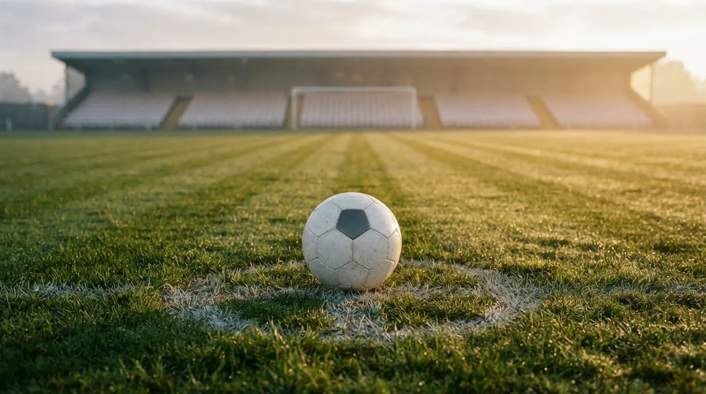 Ein Fußball liegt auf dem Anstoßpunkt eines leeren Rasenplatzes in der Morgendämmerung, im Hintergrund eine leere Tribüne.