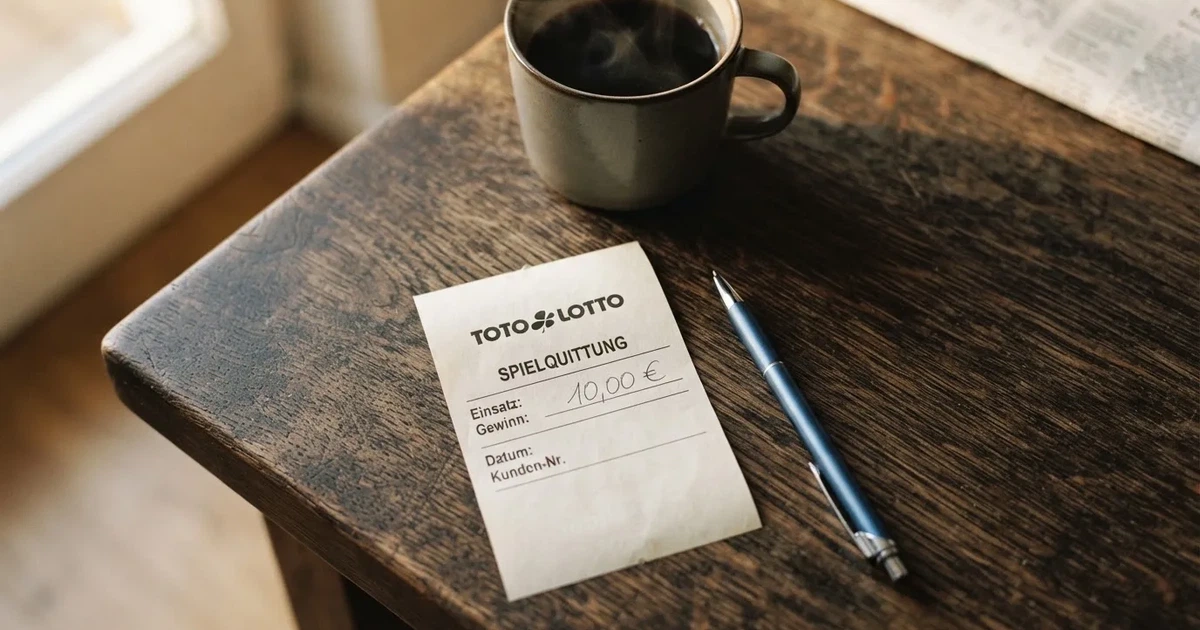 Ein leerer Wettschein aus Papier liegt neben einem Kugelschreiber und einer Tasse Kaffee auf einem Tisch, Aufnahme von oben.