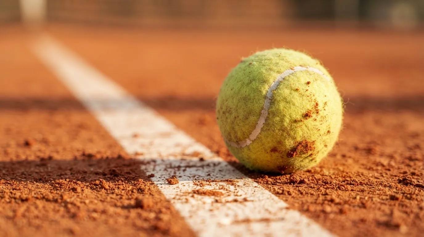 Ein einzelner Tennisball liegt auf rotem Sand neben einer weißen Linie, geringe Schärfentiefe.