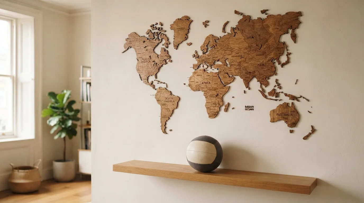 Eine Weltkarte aus Holz hängt an einer Wand, davor liegt ein Fußball auf einem Regal, ohne erkennbare Beschriftung.