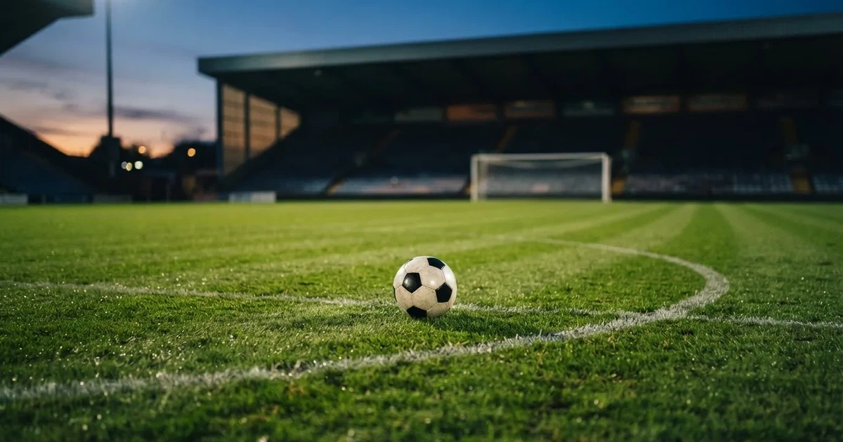 Ein Fußballplatz mit frisch gemähtem Rasen im Abendlicht, ein Ball liegt im Strafraum, im Hintergrund unscharf eine leere Tribüne.