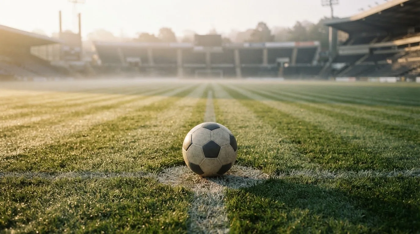 Ein Fußball liegt auf dem Anstoßpunkt eines leeren Rasenplatzes im frühen Morgenlicht, dahinter eine leere Tribüne.
