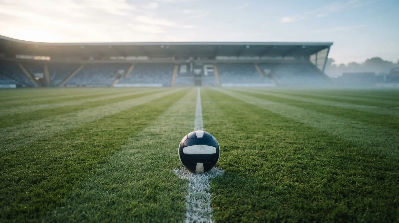 Ein Fußball liegt auf dem Anstoßpunkt eines leeren Rasenplatzes im frühen Morgenlicht, dahinter eine leere Tribüne.