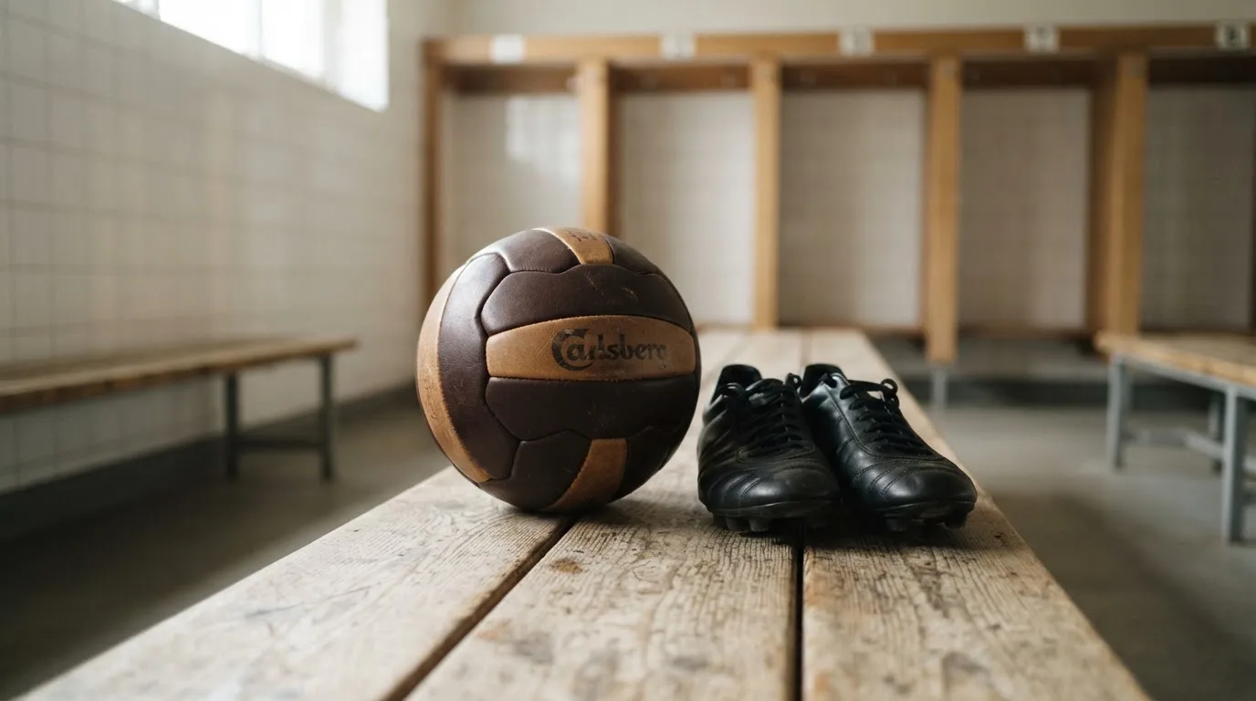Ein Fußball liegt auf einer Holzbank in einer leeren Umkleide neben einem Paar Fußballschuhen ohne Markenzeichen.