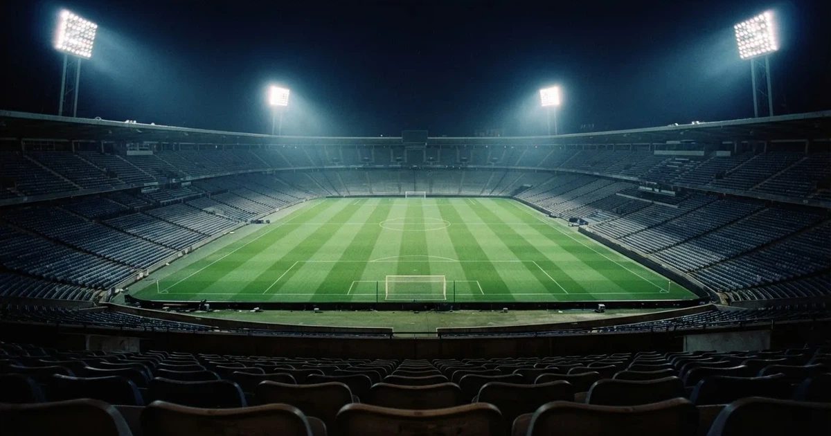 Ein Stadion bei Nacht unter Flutlicht aus der Ferne gesehen, der Rasen ist hell erleuchtet, keine erkennbaren Personen.