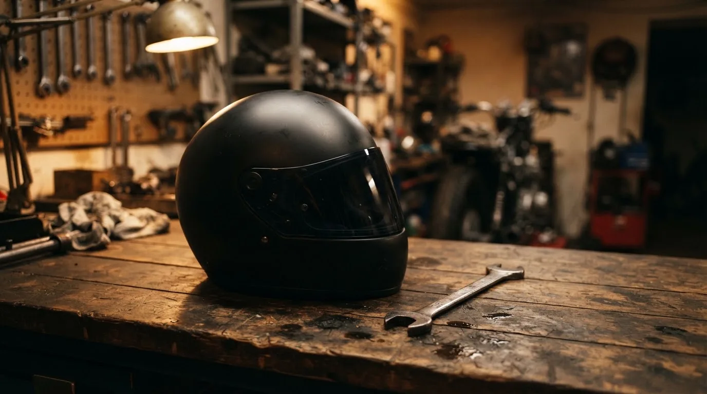 Ein schwarzer Motorradhelm ohne Aufdruck liegt auf einer Werkbank neben einem Schraubenschlüssel, warmes Licht einer Werkstatt.