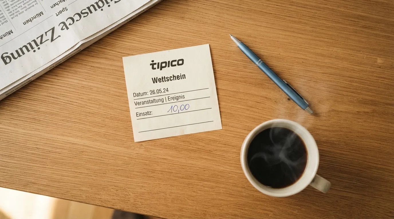 Ein leerer Wettschein aus Papier liegt neben einem Kugelschreiber und einer Tasse Kaffee auf einem Holztisch, Aufnahme von oben.