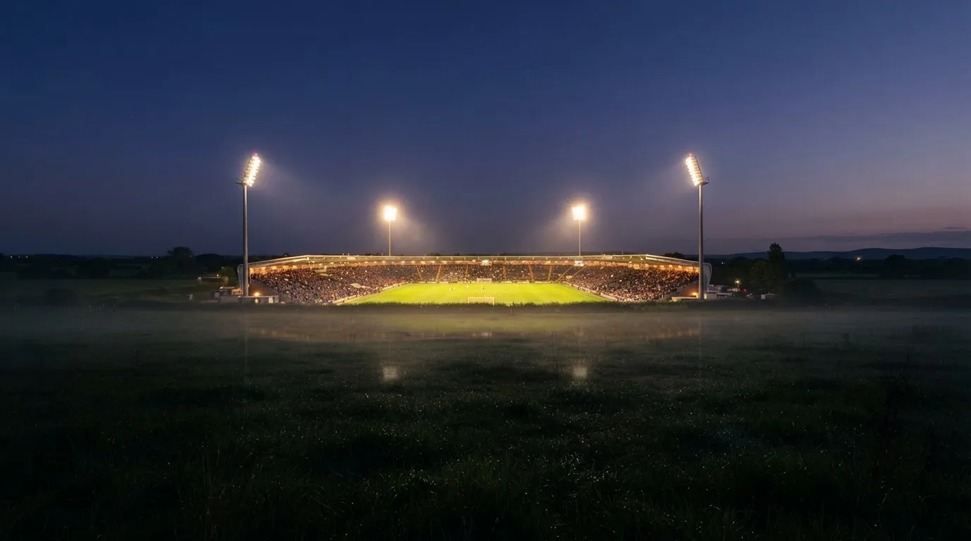 Ein großes Stadion unter Flutlicht, aus der Ferne über eine dunkle Wiese gesehen, die Lichtmasten spiegeln sich im Dunst der Abenddämmerung.