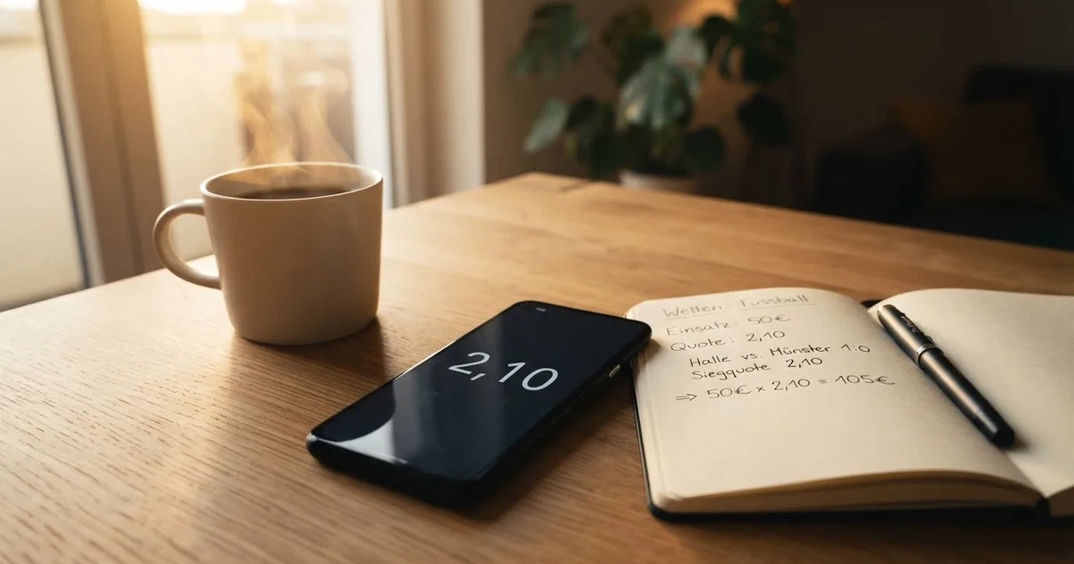 Ein Smartphone mit dunklem Display liegt neben einem Notizbuch mit handschriftlichen Notizen auf einem hellen Holztisch, daneben eine Tasse Kaffee im Morgenlicht.