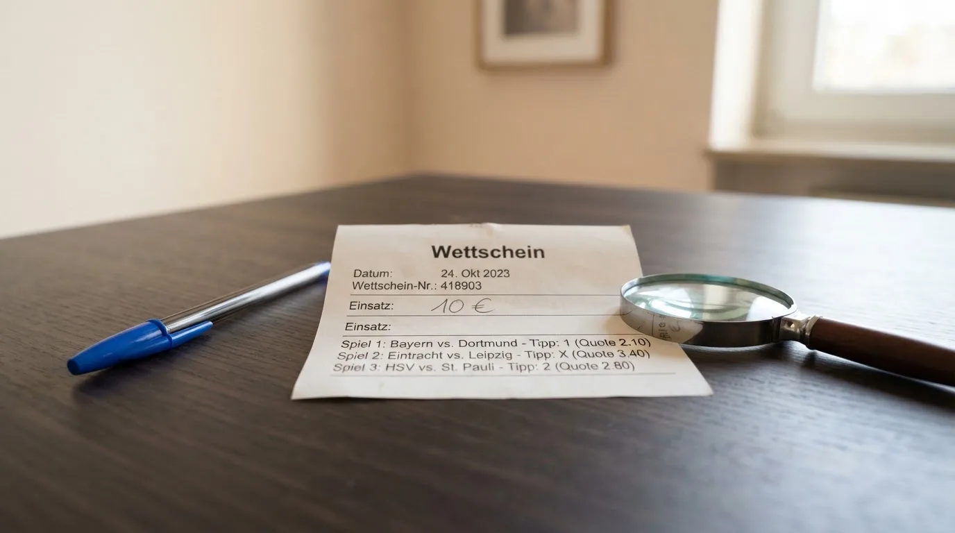 Ein leerer Papierwettschein und ein Kugelschreiber liegen auf einem aufgeräumten Schreibtisch neben einer Lupe, weiches Licht von einem Fenster.