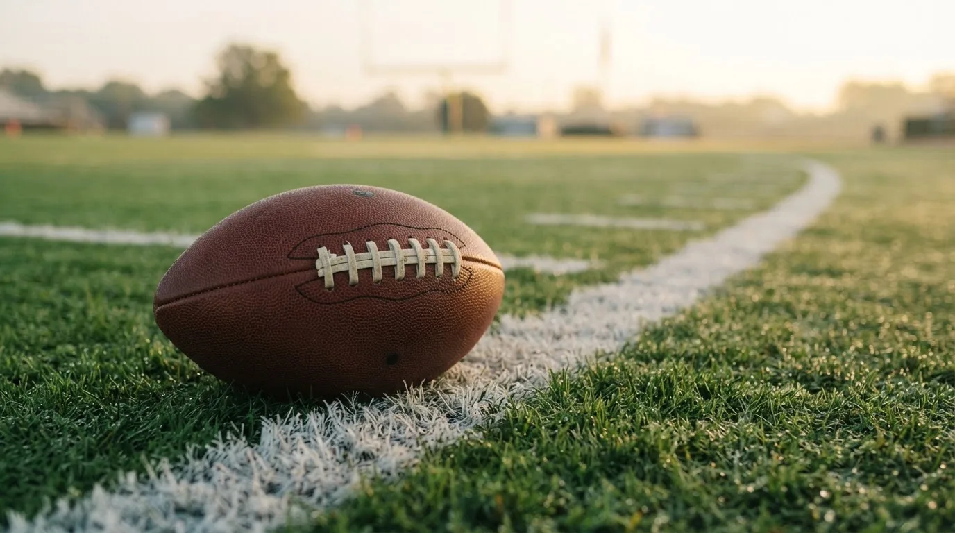 Ein ovaler Lederball mit heller Schnürung liegt auf dem Rasen vor der Endzone, Tau auf dem Gras im ersten Morgenlicht.