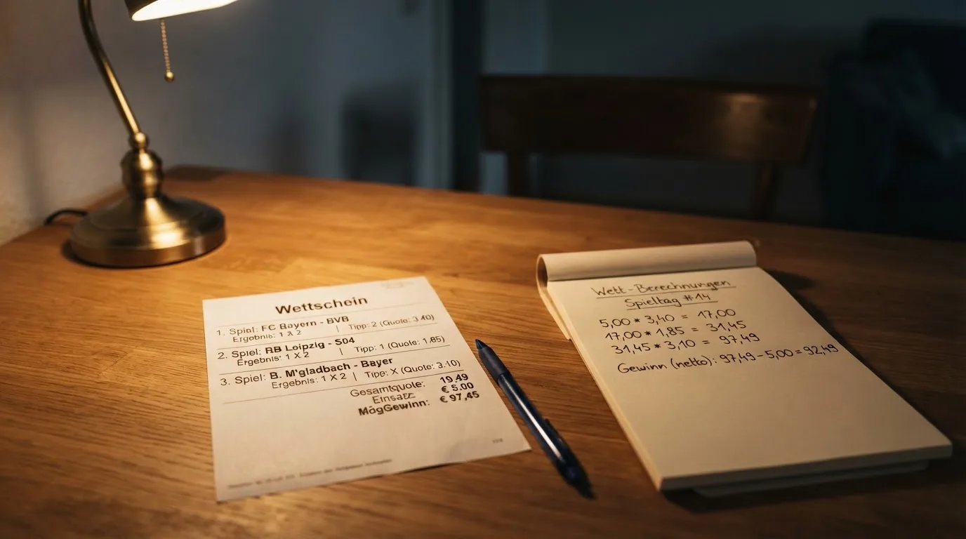 Ein leerer Papierwettschein, ein Kugelschreiber und ein Taschenrechner liegen auf einem Holztisch, warmes Licht einer Schreibtischlampe.