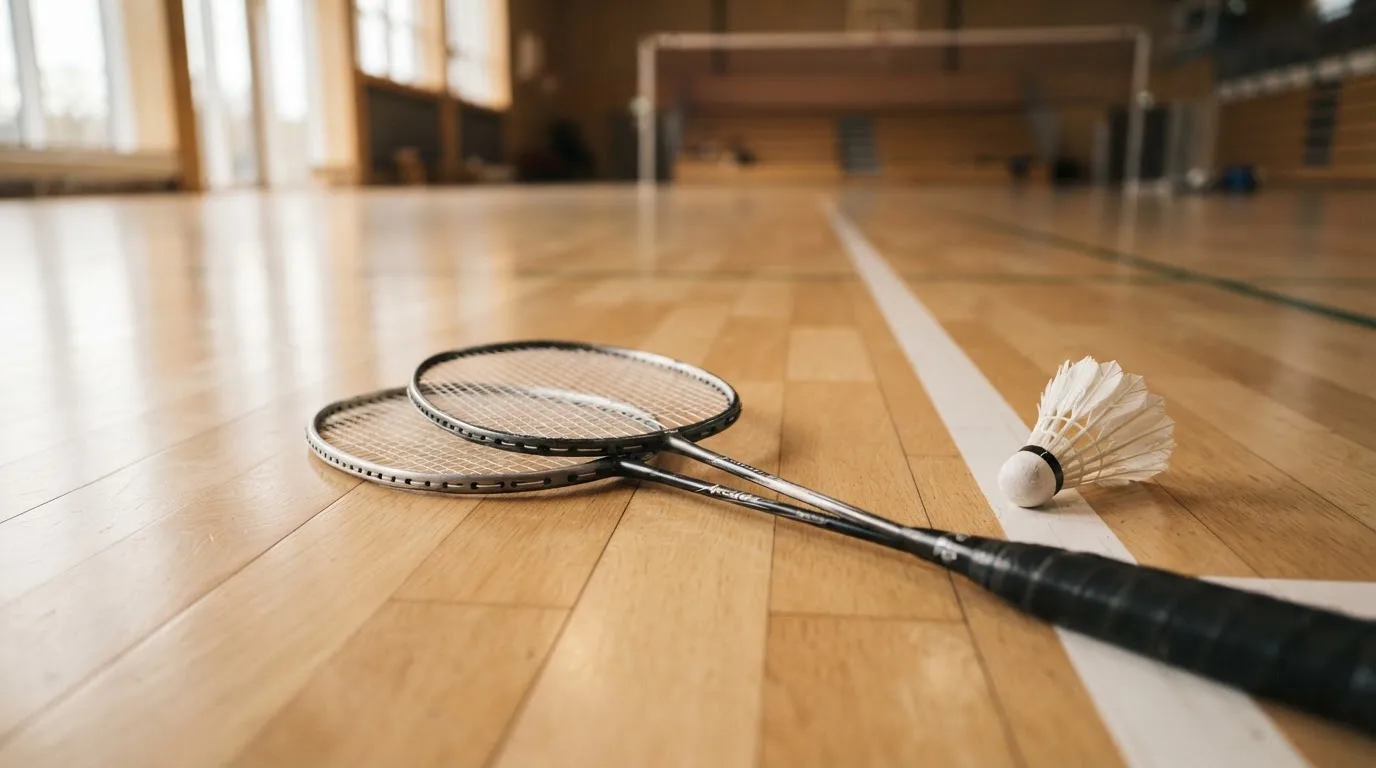 Zwei Badmintonschläger und ein Federball liegen auf einem Holzboden neben der Seitenlinie, weiches Licht fällt von der Seite ein.