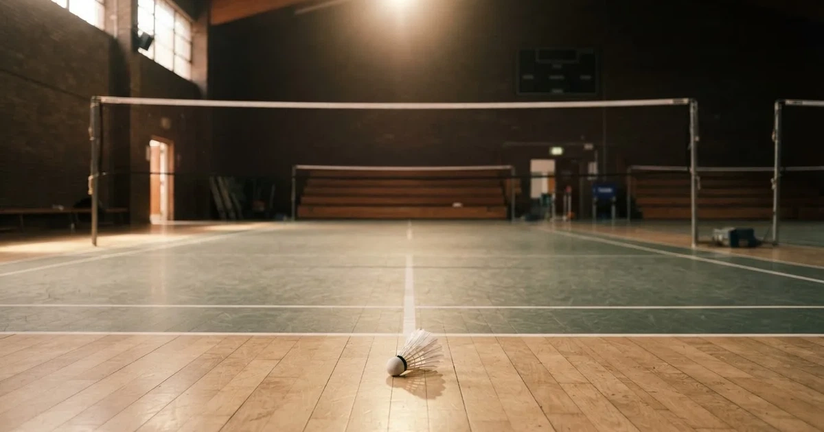 Eine leere Badmintonhalle mit gespanntem Netz und hellen Hallenlichtern, ein Federball liegt auf dem Hallenboden.