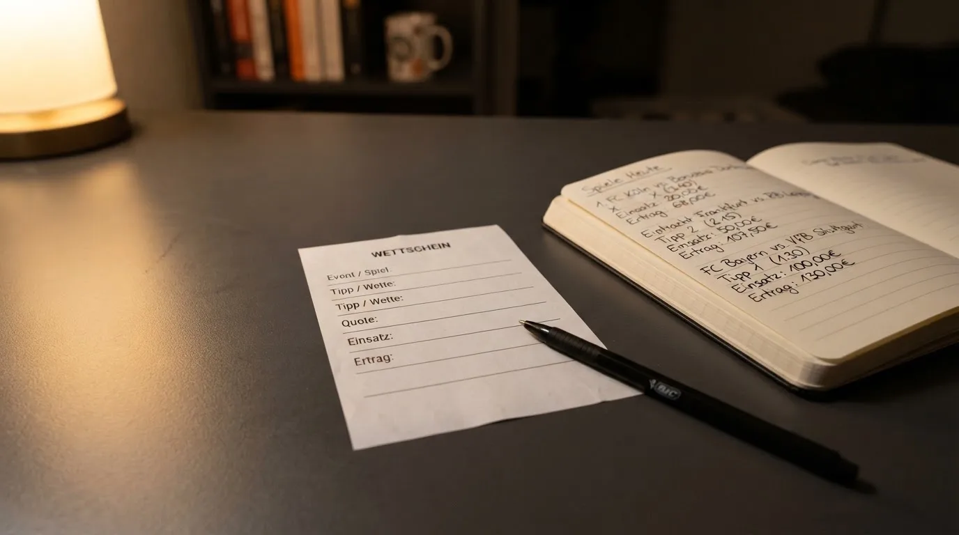 Ein leerer Papierwettschein und ein Kugelschreiber auf einer glatten Schreibtischplatte, daneben ein aufgeschlagenes Notizbuch mit handschriftlichen Notizen.