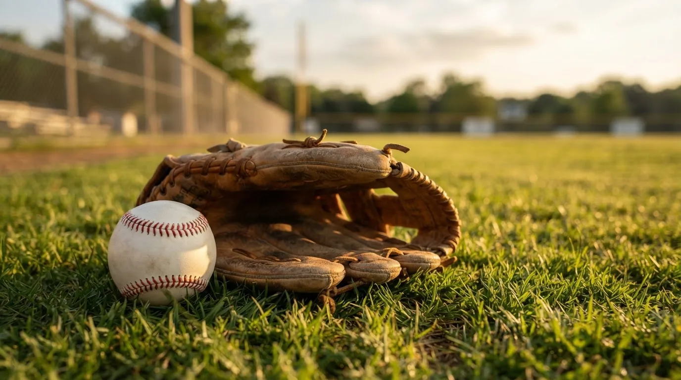Ein weißer Baseball und ein Lederhandschuh liegen auf kurz geschnittenem Gras, im Hintergrund eine verschwommene Spielfeldbande.