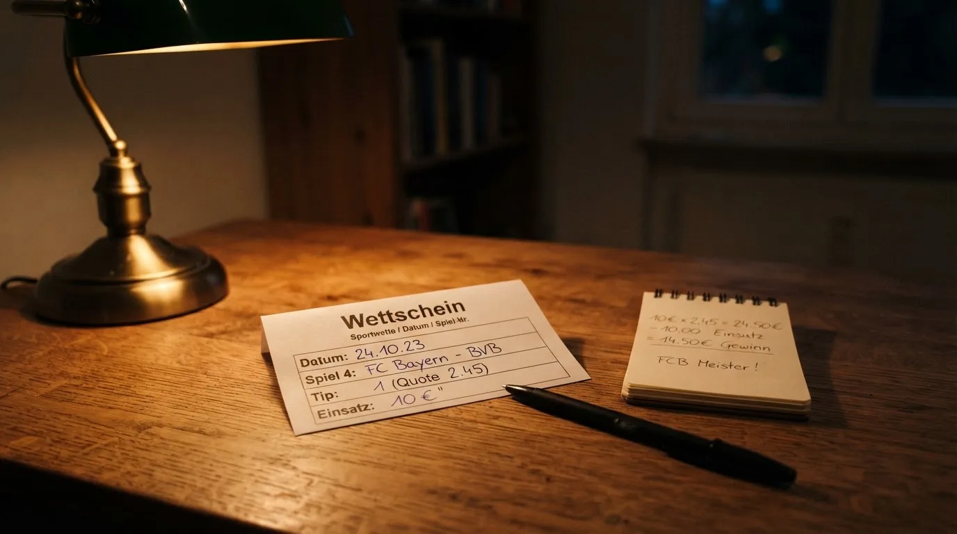 Ein leerer Papierwettschein, ein Kugelschreiber und ein Taschenrechner liegen auf einem Holztisch, warmes Licht einer Schreibtischlampe.