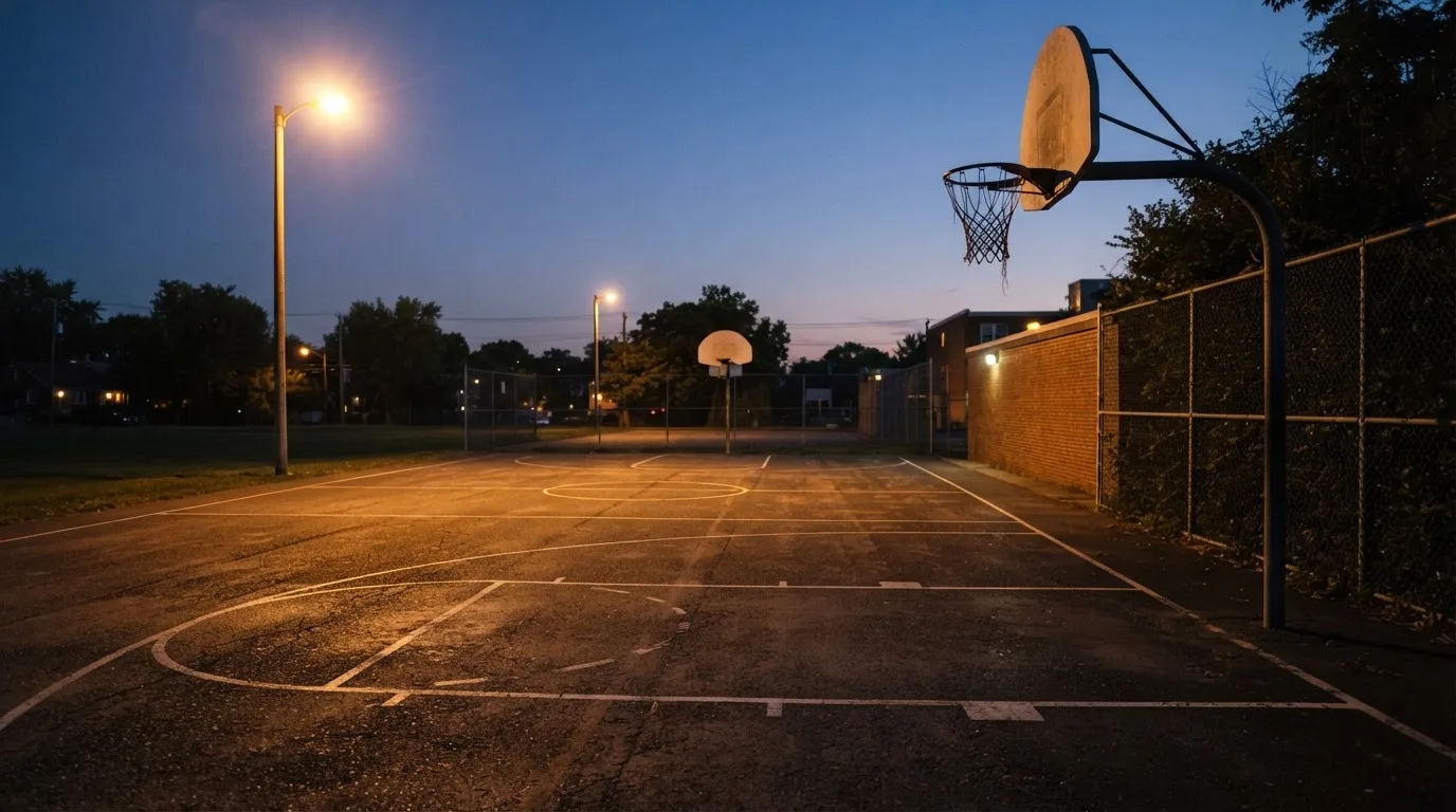 Ein Freiluft-Basketballplatz am Abend mit Asphalt, Linien und zwei Körben unter einer Straßenlaterne.
