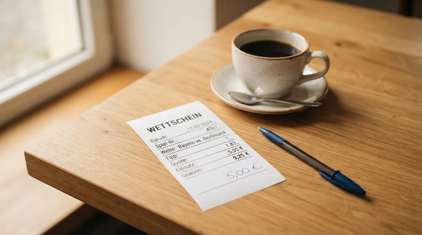 Ein leerer Wettschein aus Papier liegt neben einem Kugelschreiber und einer Tasse auf einem hellen Holztisch.