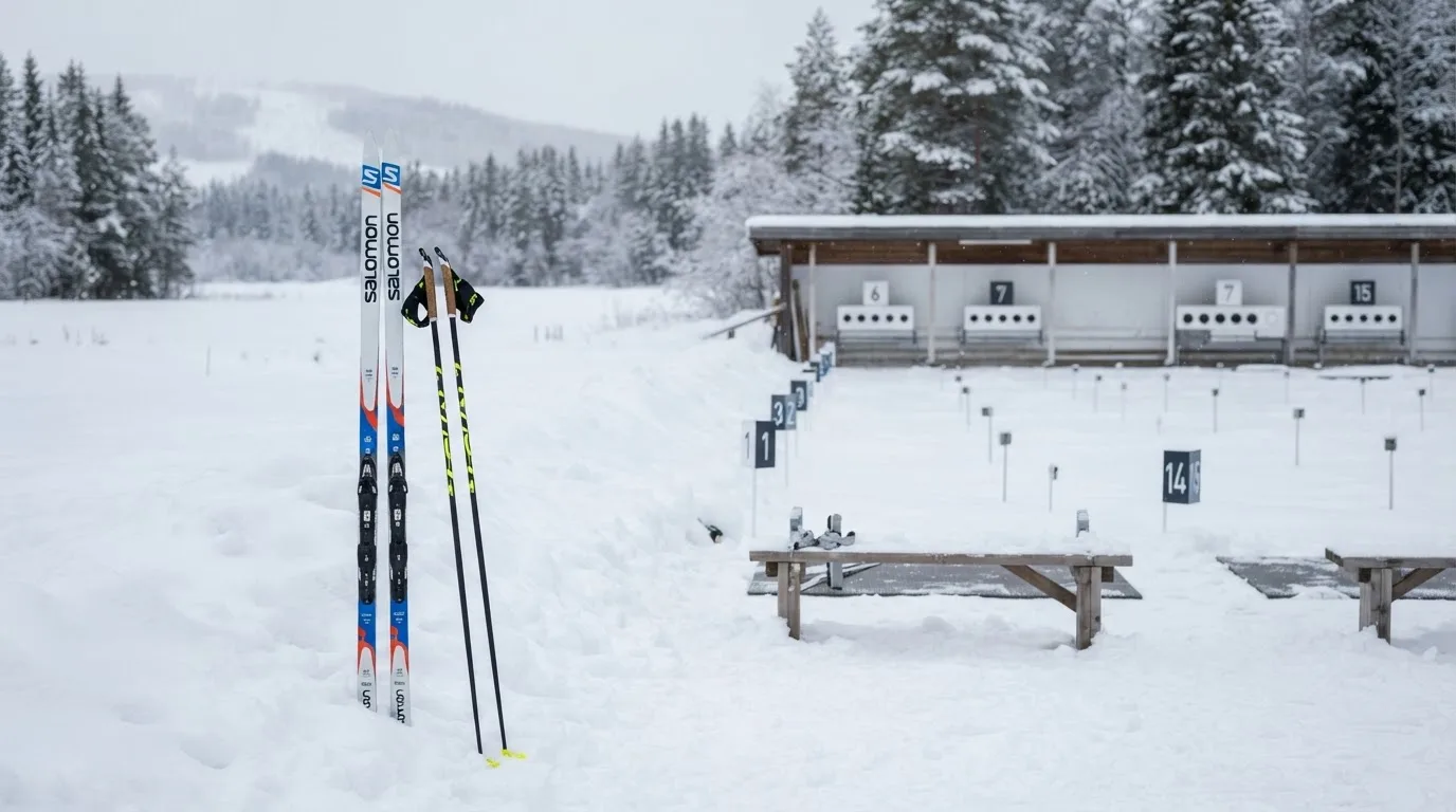 Ein Paar Langlaufskier steckt aufrecht im Schnee neben einem leeren Schießstand mit runden Zielscheiben, kaltes Winterlicht.