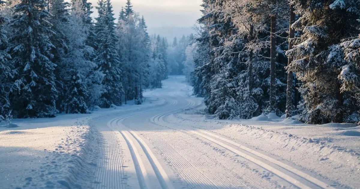 Eine verschneite Loipe zwischen Fichten im Morgenlicht, frische Spuren im Schnee, kein Mensch zu sehen.