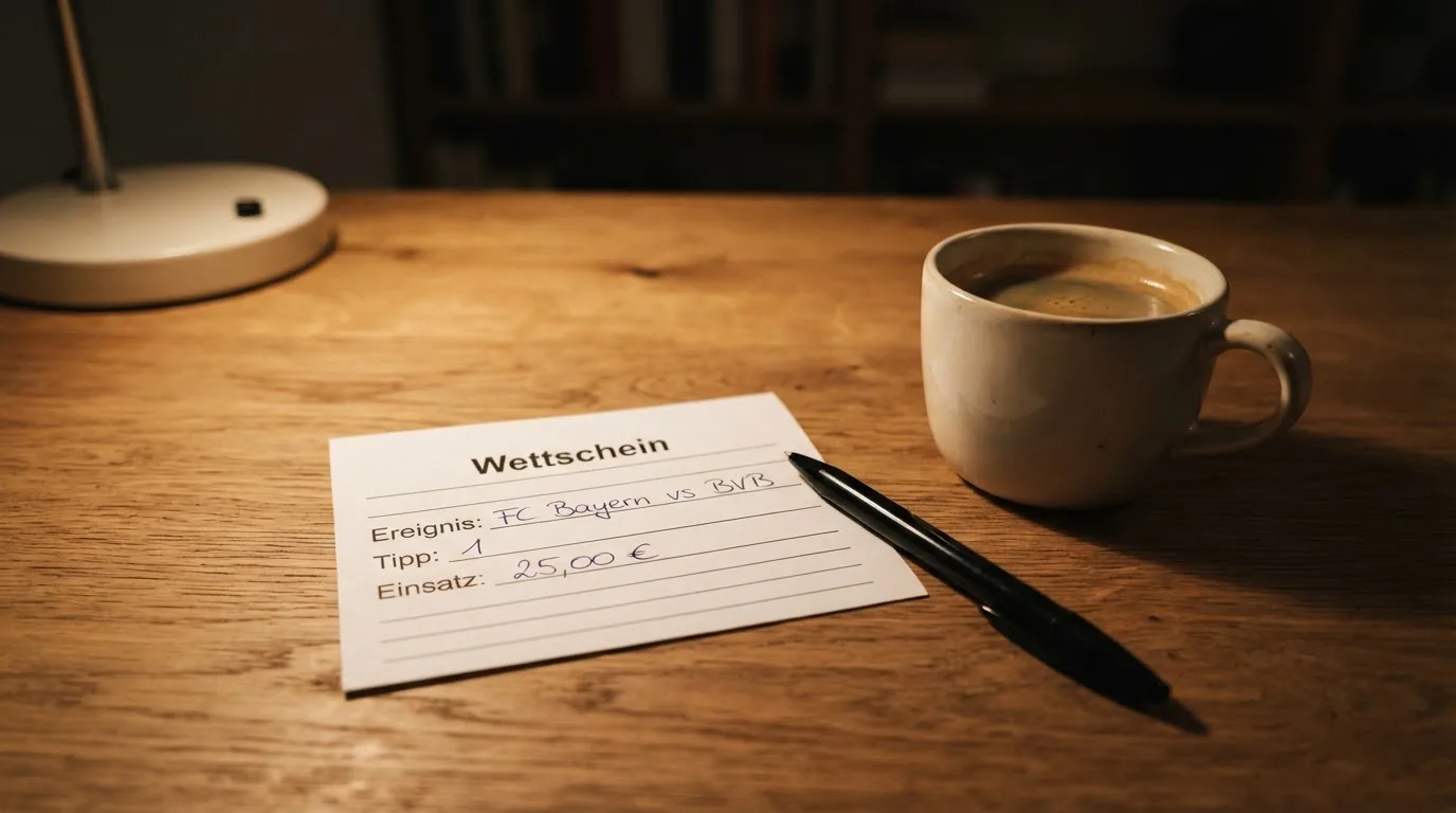 Ein leerer Papierwettschein und ein Kugelschreiber liegen auf einem Holztisch neben einer Tasse, warmes Licht einer Lampe.